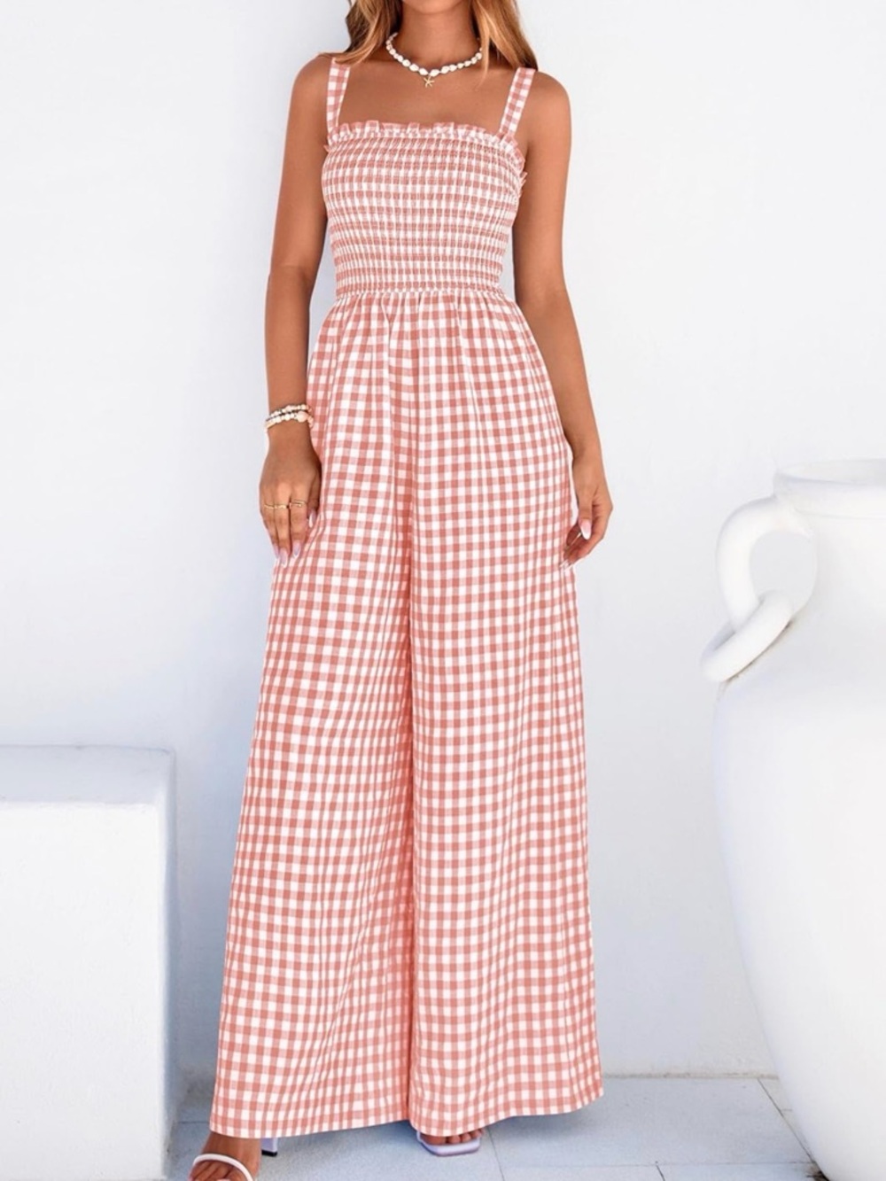 Gingham Smocked Wide-Leg Jumpsuit - Pink